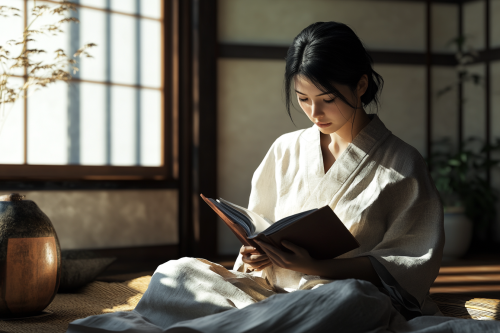 Quiet Japanese woman reading book in cozy home