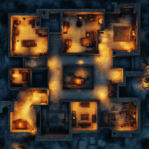 RPG map of a fort ground floor at night