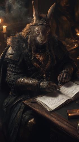 Rabbit-headed D&D fighter in medieval clothing smoking pipe