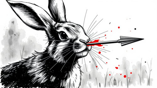Rabbit hit by arrow, blood spurts, black graphics.