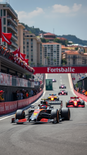 Race cars speeding on track at Monaco Grand Prix.