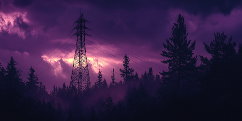 Radio tower over dark forest in thunderstorm