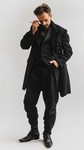 Rainer Maria Rilke stands with cigarette, looking contemplative.