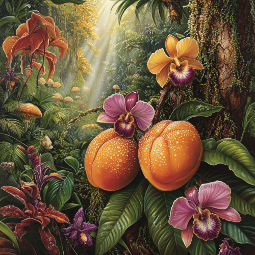 Rainforest scene of vibrant fruits, flowers, and foliage
