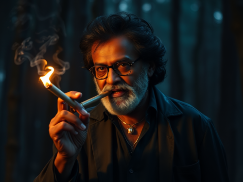 Rajnikanth Smoking a Cigar in a Dark Forest