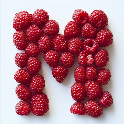 Raspberry letter 'מ' mimicking Hebrew font structure. Blend natural and clean lines for artistic feel. Raspberry letter 'מ' mimicking Hebrew font structure. Blend natural and clean lines for artistic feel.