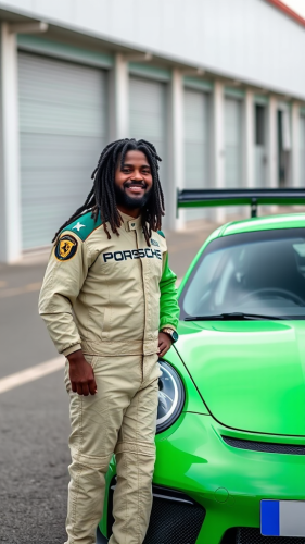 Rastaman race car driver standing by green Porsche.