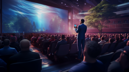 Realistic audience listening to corporate business speaker Realistic audience listening to corporate business speaker