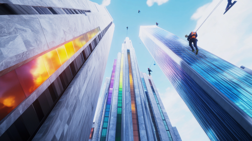 Realistic bright lighting shows tall marble buildings. Arrows shape.