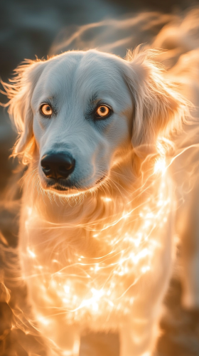 Realistic dog with light powers, white fur with golden patterns.