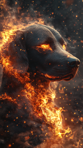 Realistic dog with powers of elements, dynamic fusion body.