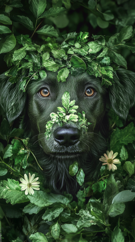 Realistic dog with vegetation powers, green leaves, colorful flowers. Bright green eyes, vines and plant shoots. Lush garden background, detailed.