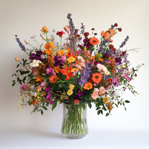 Realistic floral funeral arrangement in clear vase, vibrant colors.