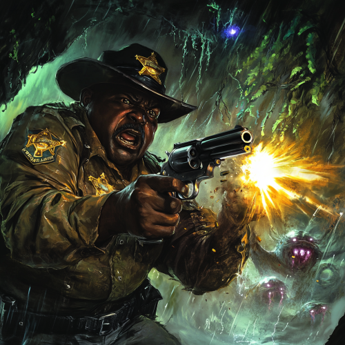 Realistic horror: sheriff fires revolver in dark cave.