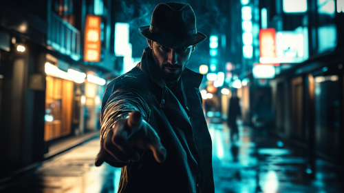 Realistic night city photography with detective man portrait.