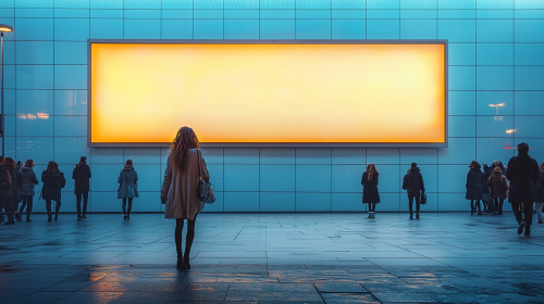 Realistic photography of modern building with glowing billboard.