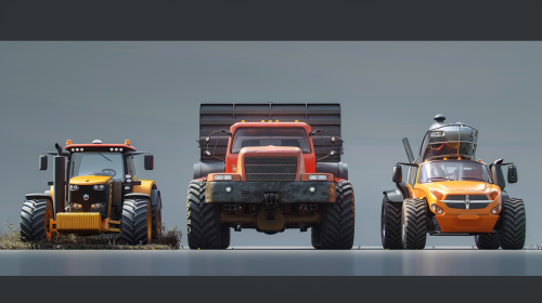 Realistic scene with new truck, car, tractor, shadows.