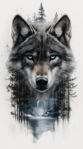 Realistic tattoo design by Rember Orellana: fierce wolf, blue eyes.
