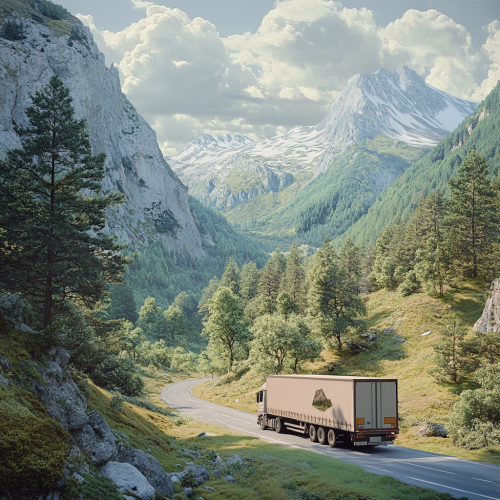 Realistic truck driving through green forest mountains