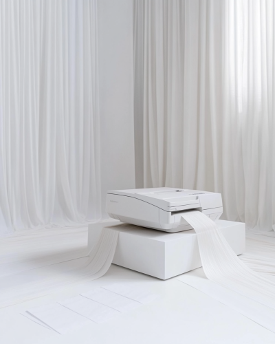 Receipt printer on crate in minimalist white room