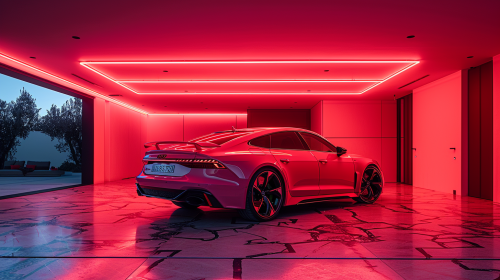 Red Audi RS9 in Stylish Garage Lighting