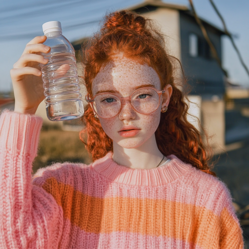 Red-Haired Girl with Freckles and Glasses Holds Waterbottle