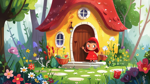 Red Riding Hood with basket says goodbye to mother. Red Riding Hood with basket says goodbye to mother.