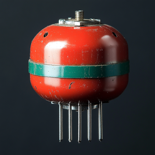 Red capacitor with green stripe, top view, rotated slightly