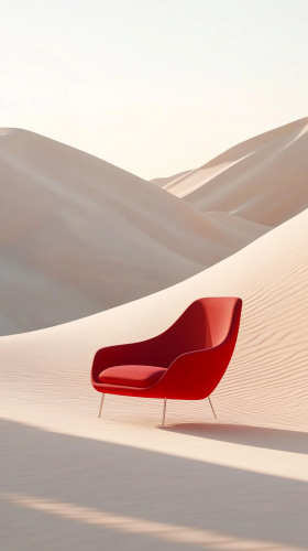 Red chair in desert with serene lighting, inviting atmosphere.