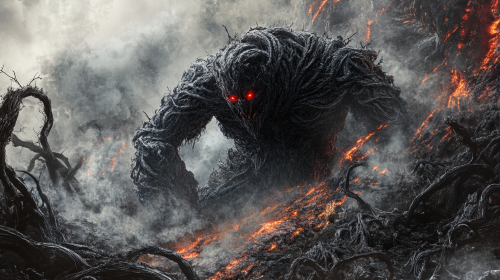 Red-eyed Mutant Crawling in Burned Landscape