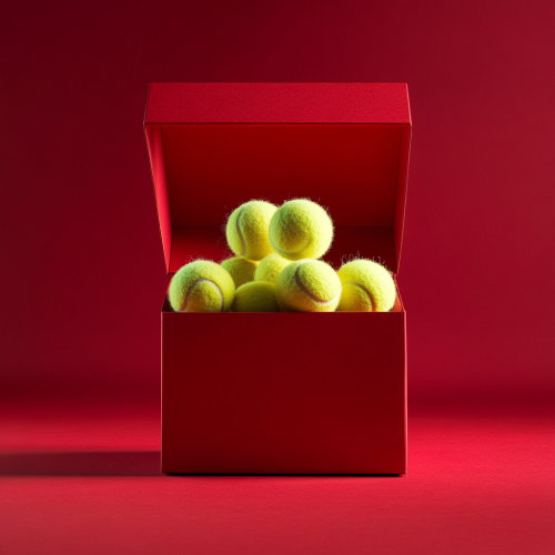 Red gift box with bouncing tennis balls