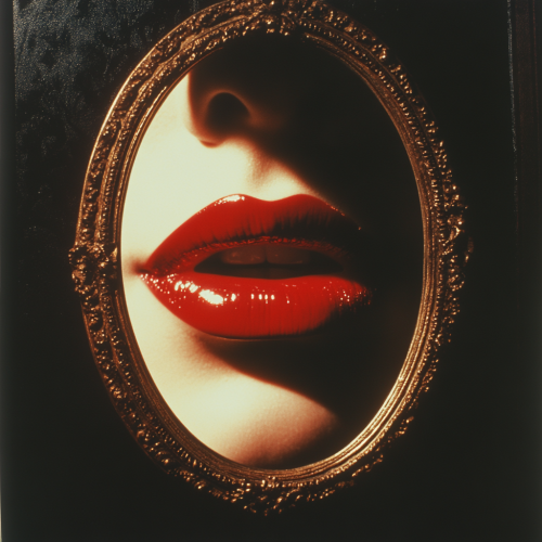 Red lipstick close-up in mirror, resembling movie poster