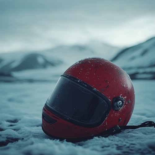 Red motorcycle helmet in snowy mountain landscape