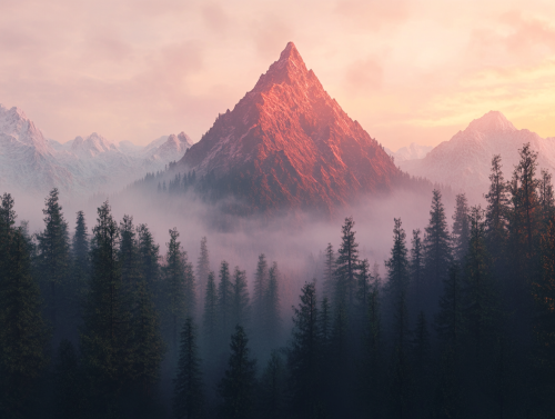 Red mountain peak in magical temperate forest.