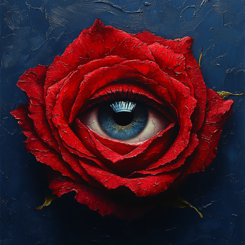 Red rose with human eye in center, harmonious integration.