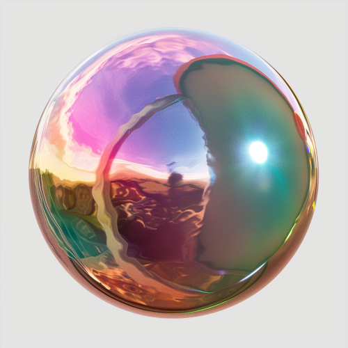 Reflective metallic orb against transparent background, iridescent.