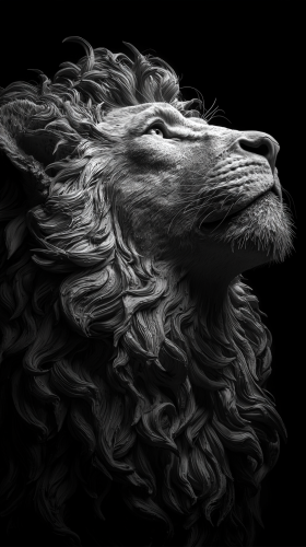 Regal Lion in Thoughtful Pose on Black
