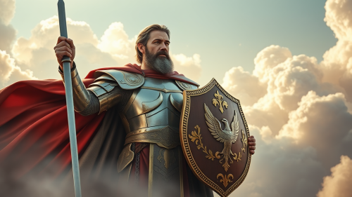 Regal Man in Clouds with Sword and Shield