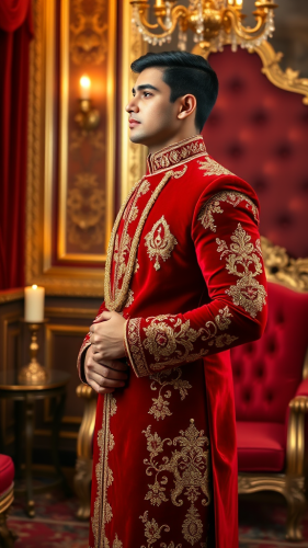 Regal Young Man in Red Velvet Sherwani in Opulent Room