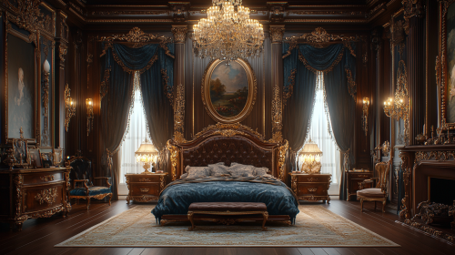 Regal bedroom with velvet bed, damask curtains, antique mirror.