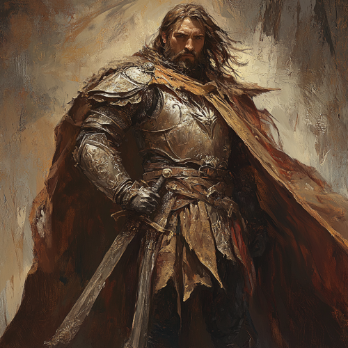 Regal warrior in weathered leather armor and majestic cloak.