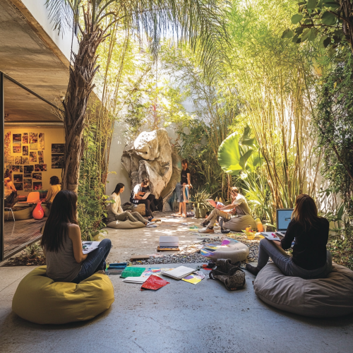 Relaxed environment with bean bags, outdoor patio, art materials.