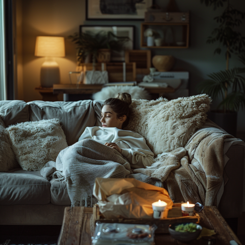 Relaxed person in cozy living room with takeout