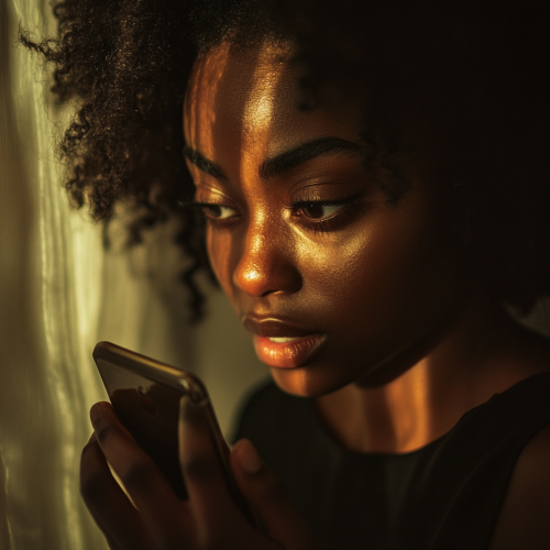 Relaxed person texting on iPhone in soft lighting