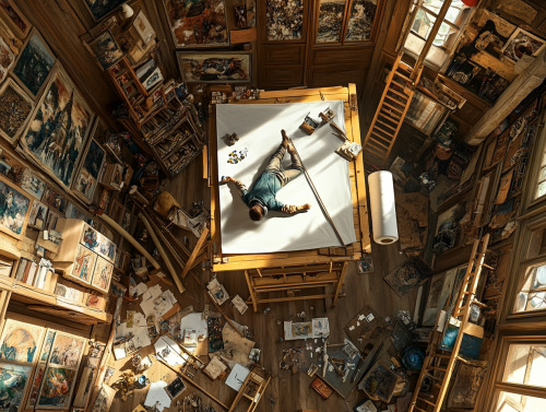 Renaissance artists painting chapel ceiling with supplies on scaffold