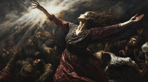 Renaissance painting woman reaches sky in dying crowd