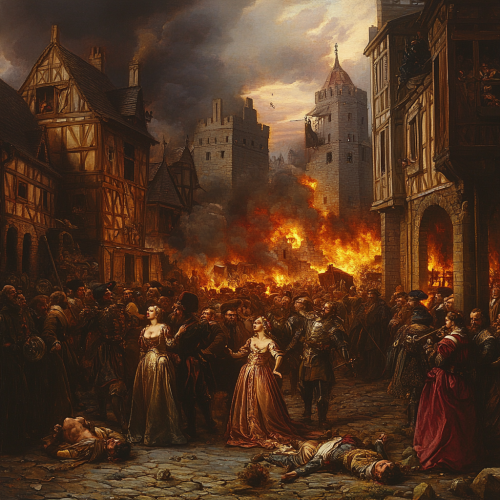 Renaissance-style riot with kings, queens, and burning buildings
