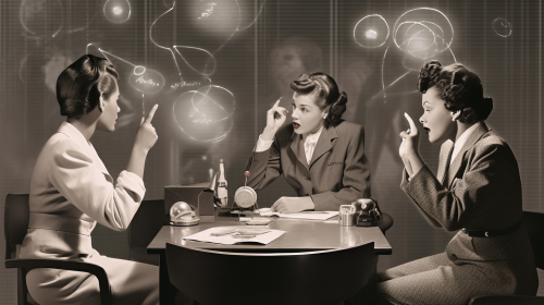 Retro-futuristic office scene with diverse animated discussions