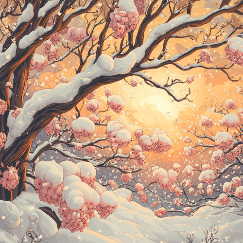 Retro magical illustration of snowy cherry blossoms at sunset.