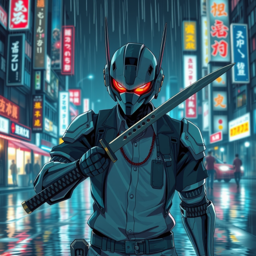 Robot slicing rain in neon city with katana.